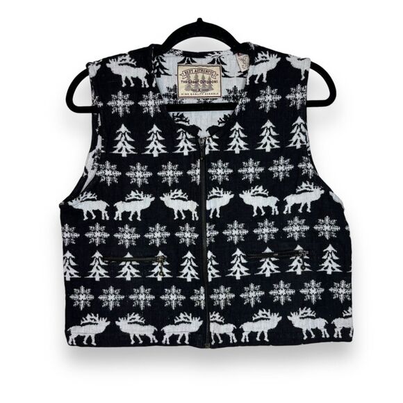 VTG Best Authentic Vest Black Large Moose Snowflake Full Zip Winter White Crop - Picture 1 of 9